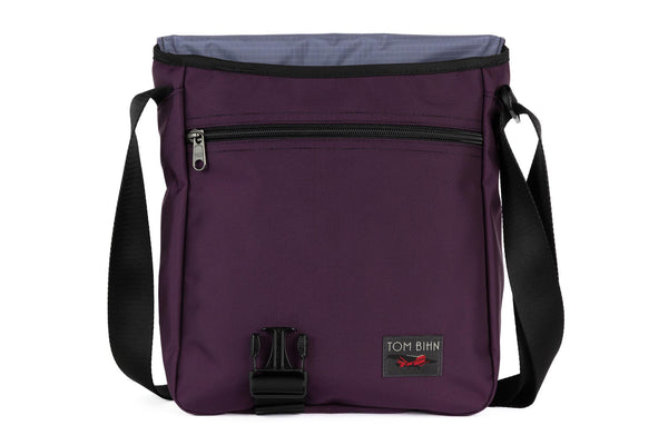 Medium Cafe Bag in Aubergine (dark purple) 525 Ballistic with Dusk (greyish-purple with light grey grid) 210 Cerylon interior
